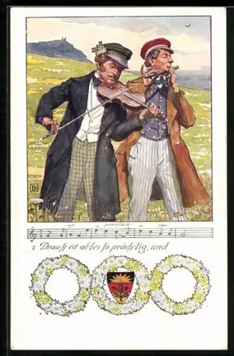 Künstler-AK K.F. Gsur: Musiker mit Geige und Querflöte, Deutscher Schulverein NR: 107
