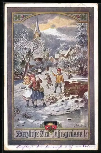 Künstler-AK Deutscher Schulverein NR. 1111, Kränzle: Kinder bei Schneeballschlacht