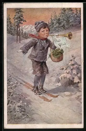 Künstler-AK Deutscher Schulverein Nr. 1134, sign. Kränzle: Kleiner Skifahrer mit Tröte rast ins neue Jahr