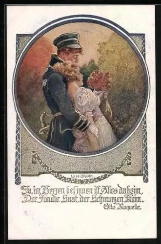 Künstler-AK W. Braun, Deutscher Schulverein Nr. 1199: Soldat hält seine Frau im Abendrot im Arm