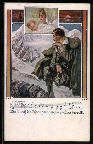 Künstler-AK W. Braun: Deutscher Schulverein Nr. 1239: Lied Bin durch die Alpen gezogen wo, die Lawine rollt, Wanderer