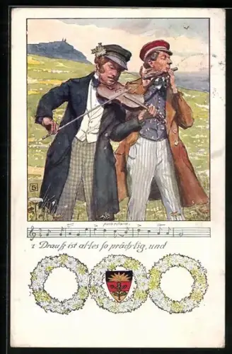 Künstler-AK K.F. Gsur: Musiker mit Geige und Querflöte, Deutscher Schulverein NR: 107