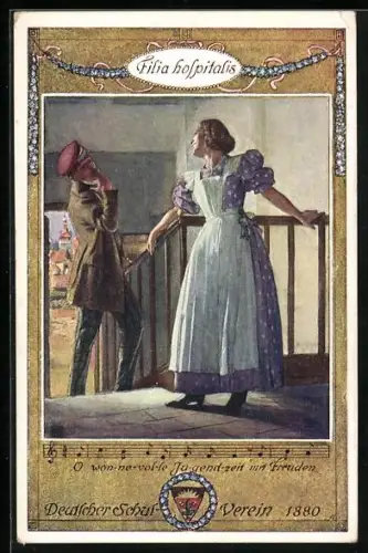 AK Deutscher Schulverein NR. 17: Student verabschiedet sich von einer jungen Frau im Treppenhaus