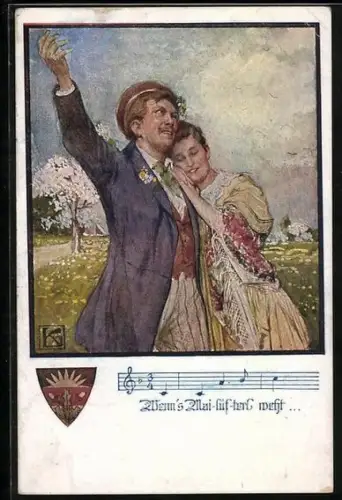 Künstler-AK Karl Friedrich Gsur, Deutscher Schulverein NR 1069: Wenn`s Mailüfterl weht, Liebespaar