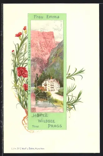 Lithographie Prags, Hotel Wildsee Prags Frau Emma, Nelken
