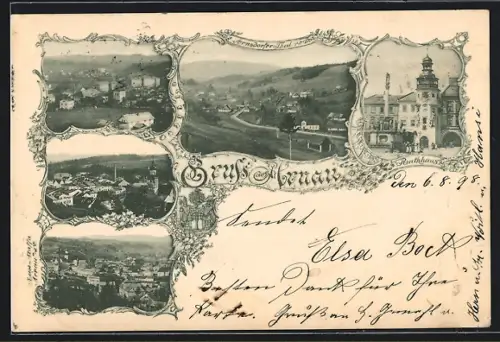 AK Arnau, Rathaus, Blick ins Arnsdorfer Thal, Ortspanorama