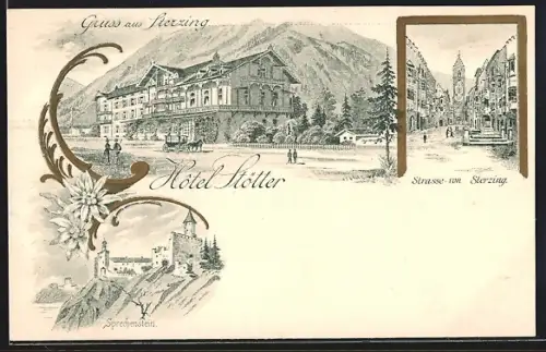 Lithographie Sterzing, Hotel Stötter, Strasse von Sterzing, Sprechenstein