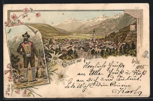 Lithographie Meran, Ortsansicht mit Bergpanorama, Jäger mit Gewehr