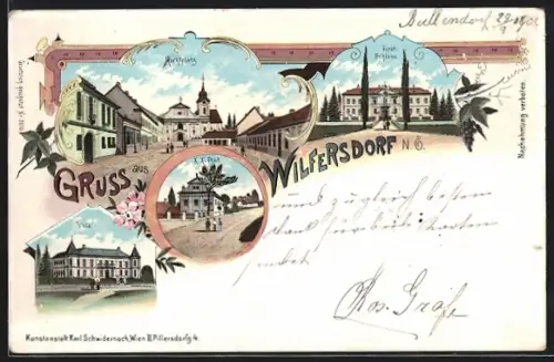 Lithographie Wilfersdorf /Weinviertel, Fürstliches Schloss, Marktplatz, Villa