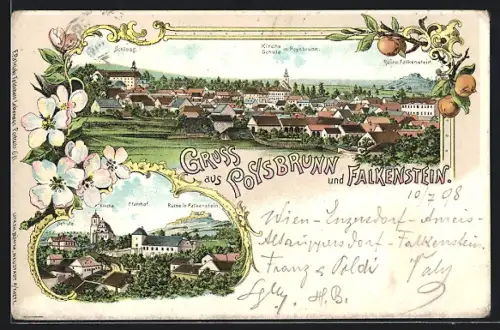 Lithographie Poysbrunn, Ortsansicht von oben, Ruine Falkenstein, Schloss, Blumen