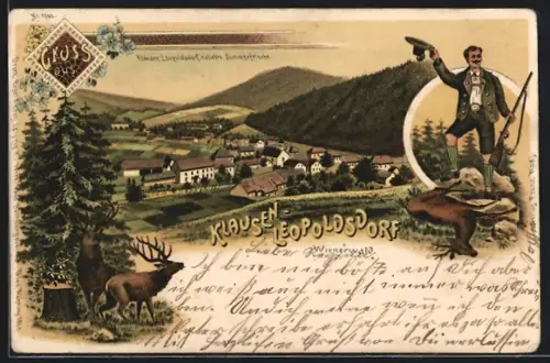 Lithographie Klausen-Leopoldsdorf /Wienerwald, Ortsansicht vom Berg aus, Jägersmann