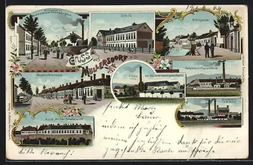 Lithographie Traiskirchen, Gruss aus Möllersdorf, Pergament-Papierfabrik, Filiale der Vöslauer Kammgarn-Fabrik