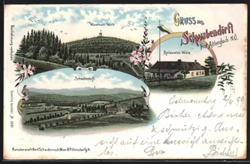Lithographie Altlengbach, Schwabendörfl, Restaurant Wedra, Wienerwald-Warte