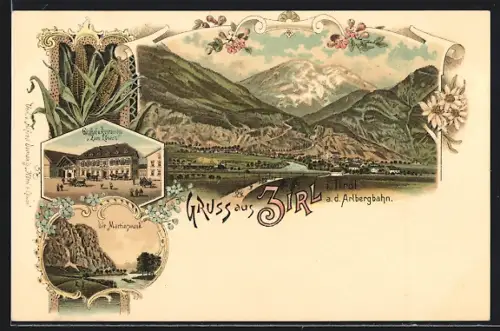 Lithographie Zirl a. d. Arlbergbahn, Gasthof und Restaurant zum Löwen, Martinswand