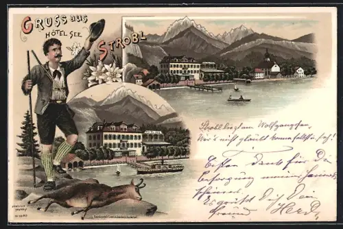Lithographie Strobl, Jäger mit erlegter Gemse, Hotel See mit Alpen-Panorama
