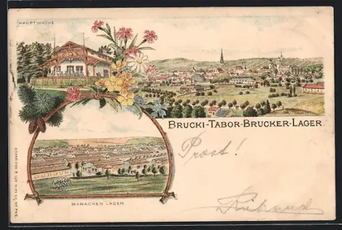 Vorläufer-Lithographie Brucker-Lager, 1895, Hauptwache, Baracken-Lager, Panorama