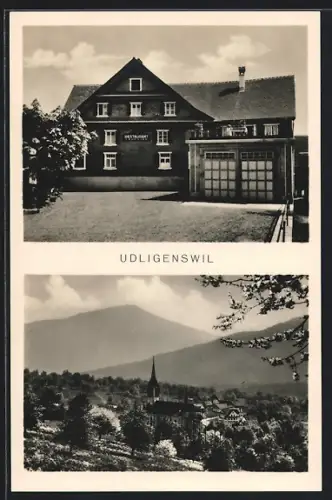 AK Udligenswil, Restaurant Frohsinn, Blick zur Kirche