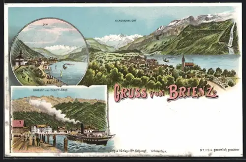 Lithographie Brienz, Bahnhof und Schifflände, Quai, Totalansicht