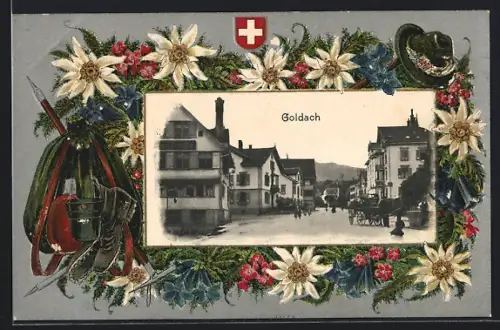 Präge-AK Goldach, Ortspartie im Rahmen mit Edelweiss, Bergblumen und Wanderrucksack