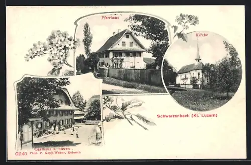 AK Schwarzenbach /LU, Gasthaus zum Löwen, Pfarrhaus und Kirche