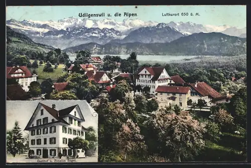 AK Udligenswil, Gasthof und Pension Engel, Ortsansicht mit Alpenpanorama