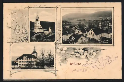AK Willisau, Schloss, Pfarrkirche und Ortsansicht aus der Vogelschau
