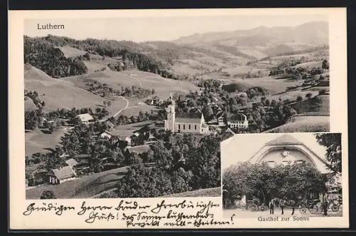 AK Luthern, Gasthof zur Sonne, Ortsansicht mit Kirche aus der Vogelschau