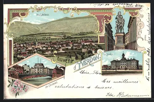 Lithographie Yverdon, Les Casernes, Le Collège, Monument Pestalozzi, Vue Générale