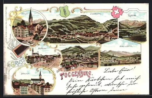 Lithographie Lichtensteig /Toggenburg, Ortsansicht aus der Vogelschau, Blick auf Rietbad, Wattwil, Bazenhaid u. Ebnat