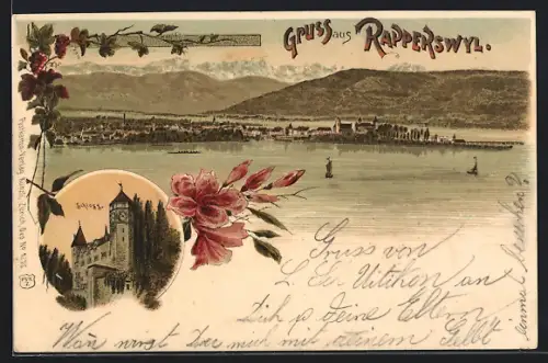 Lithographie Rapperswil /SG, Panoramablick auf die Stadt, Schloss