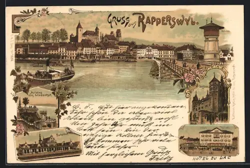 Lithographie Rapperswyl, Bahnhof, Hôtel Du Lac, Aufstieg zum Lindenhof, Schloss