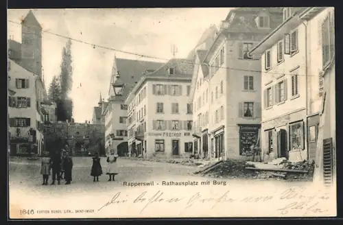 AK Rapperswil /SG, Rathausplatz mit Burg und Restaurant Freihof