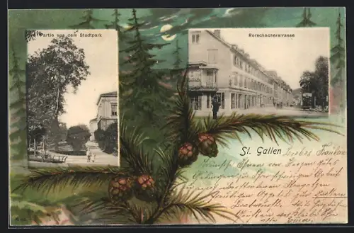 Passepartout-AK St. Gallen, Partie aus dem Stadtpark, Rorschacherstrasse