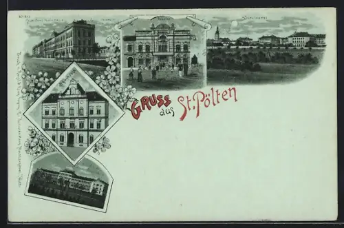 Mondschein-Lithographie St. Pölten, Sparkasse, Theater, K. k. Militär-Unterrealschule, Schulviertel