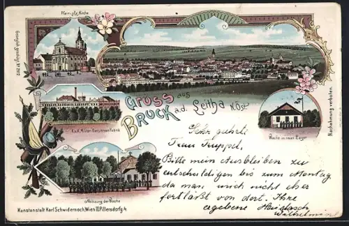 Lithographie Bruck an der Leitha, Wache im neuen Lager, K.u.k. Militär-Conservenfabrik, Pfarrkirche