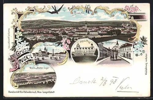 Lithographie Bruck a. d. Leitha, K. u. k. Militär-Lager, Kirchengasse, Kaiser Josef-Platz