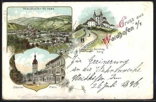 Lithographie Waidhofen a. d. Ybbs, Oberer Platz, Sonntagberg und Totalansicht