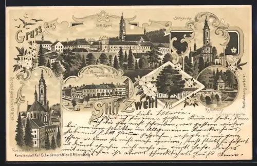 Lithographie Zwettl, Stiftskirche, L. Hutmann`s Restauration