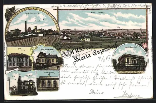 Lithographie Maria Enzersdorf, Villa Steirerland, Urlaubs-Kapelle, Fabrik Riemerschmid und Dominikanerhof