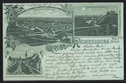 Mondschein-Lithographie Radkersburg /Steiermark, Platz, Blick vom Herzogberg und Panorama