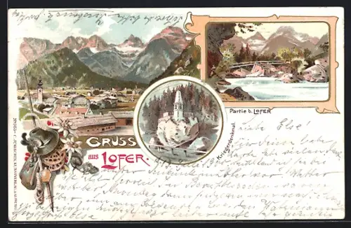 Lithographie Lofer b. Salzburg, Teilansicht, Kriegerdenkmal, Ortspartie