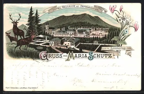 Lithographie Maria Schutz a. Semmering, Hotel Belleve mit Dependancen und Villen