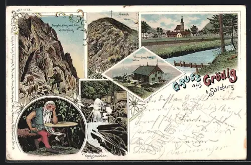 Lithographie Grödig /Salzburg, Kugelmühlen, Figur mit Schwert u. langem Bart, Untersberghaus, Ortsansicht