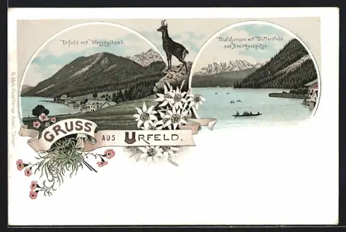 Lithographie Urfeld / Walchensee, Ortsansicht mit Herzogstand, Walchensee mit Wetterstein und Dreitorspitze, Gemse