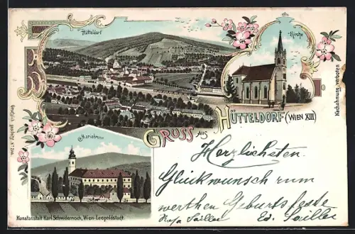 Lithographie Wien, Hütteldorf, Kirche, Mariabrunn, Ortsansicht