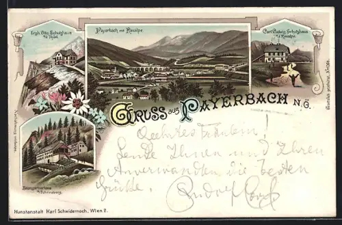 Lithographie Payerbach, Baumgartnerhaus, Erzh. Otto Schutzhaus, Carl Ludwig Schutzhaus