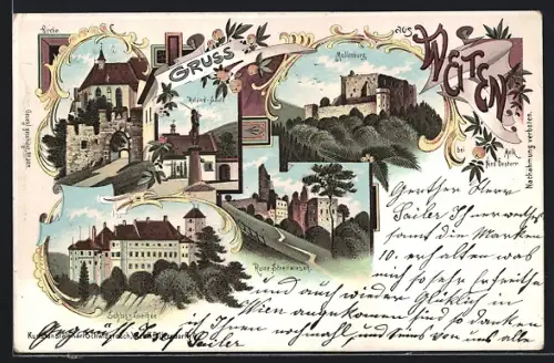 Lithographie Weiten bei Melk, Schloss Leihen, Roland-Säule