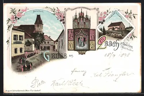 Lithographie Maria Laach am Jauerling, Geschäft von Ignatz Bauer, Gnadenbild in d. Wallfahrtskirche, Stauferhütte