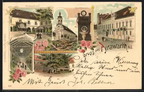 Lithographie Pyrawarth, Kurhaus, Musikorchester, Speisesalon, Wandelgang in der Seufzerallee, Gesundheitsbrunnen