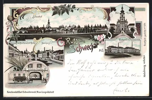 Lithographie Schwechat /N. Ö., Gasthof Bräuhaus, Seitenansicht mit Kirche, Haupttor